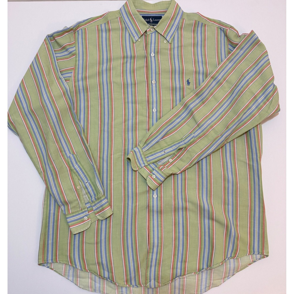 Polo Ralph Lauren Mens Classic Fit Linen Cotton Striped Shirt Green Large L